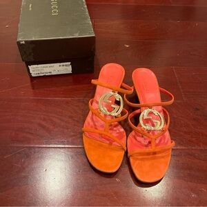 Gucci Orange Multi-Strap Logo Medallion Slide Sandal Kitten Heels